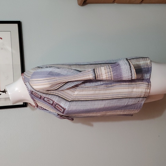New Directions Womens Blue Striped Boho 3/4 Sleeve Embroidered Blouse-EUC-Sz S - Picture 5 of 15